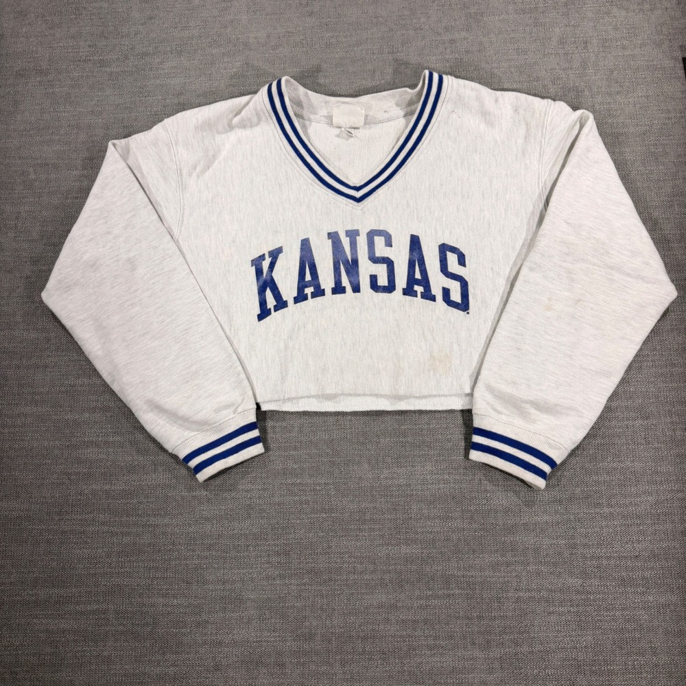 Champion Reverse Weave Sweatshirt Womens Large‎ Grey Good Kansas Cropped V-Neck